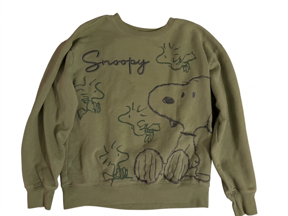 Peanuts Snoopy Graphic Crewneck Sweatshirt Size S Olive Green